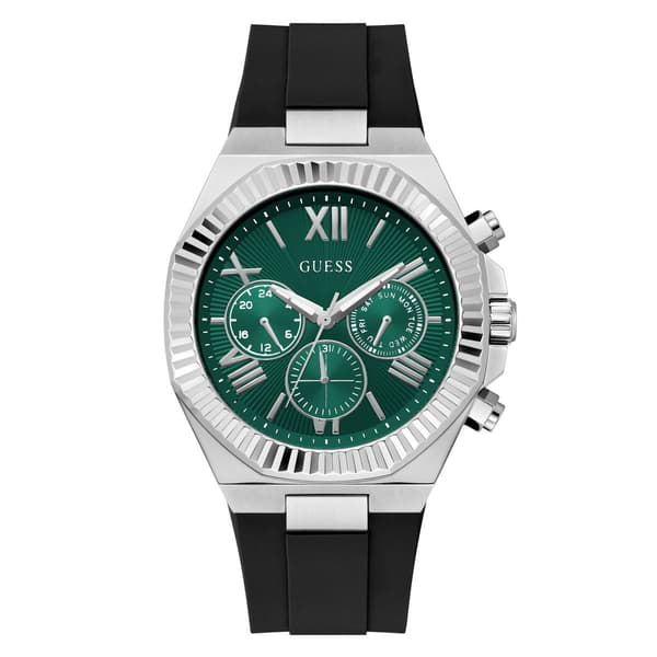 Mens Guess Silver Multi Function Green Dial Watch - GW1011G1