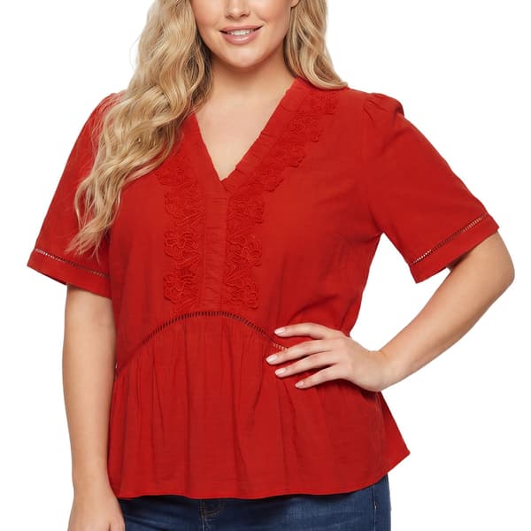Plus Size NY Collection Short Sleeve Solid Tuwa Pepum Hem Vneck - image 