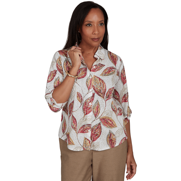 Petite Alfred Dunner Union Square Roll Tab Sleeve Leaf Blouse