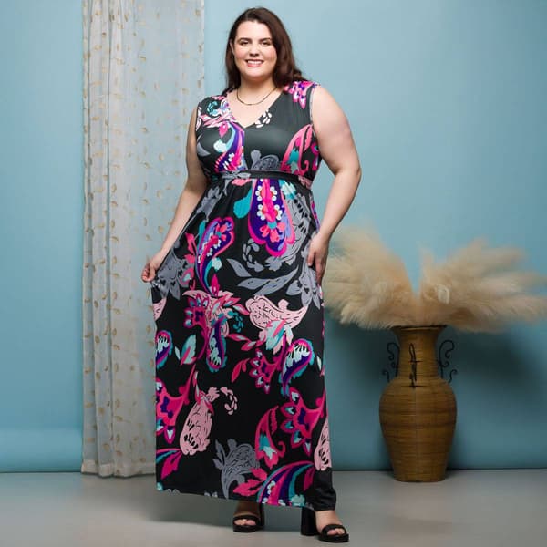 Plus Size 24/7 Comfort Apparel Black/Pink Empire Waist Maxi Dress