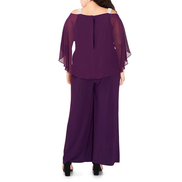 Plus Size MSK Solid Capelet Overlay Rhinestone Trim Jumpsuit