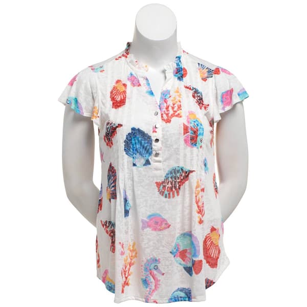 Plus Size Cocomo Flutter Sleeve Coastal Button Front Blouse - image 