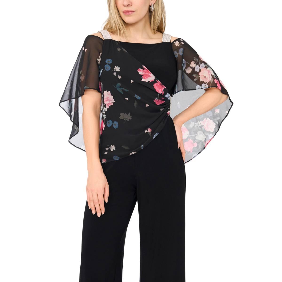 Petite MSK Sheer Floral Overlay Rhinestone Trim Jumpsuit