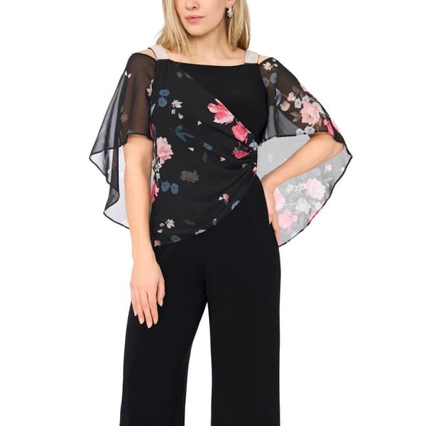 Plus Size MSK Sheer Floral Overlay Rhinestone Trim Jumpsuit