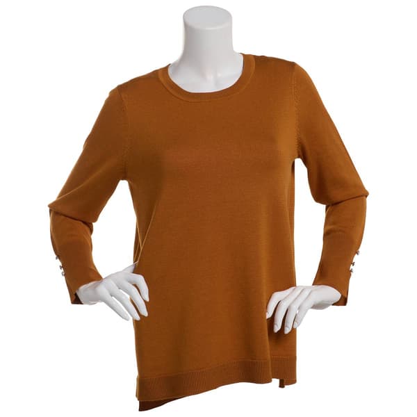 Womens Retrology Crew Neck Button Sleeve Side Slit Sweater