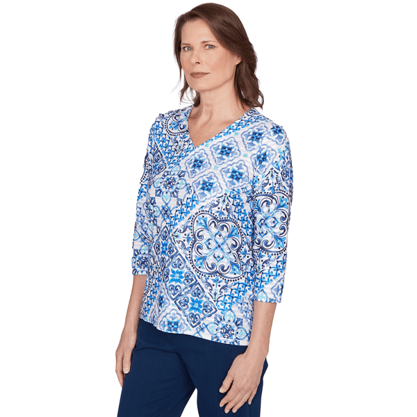 Womens Alfred Dunner Mykonos 3/4 Sleeve Medallion Blouse