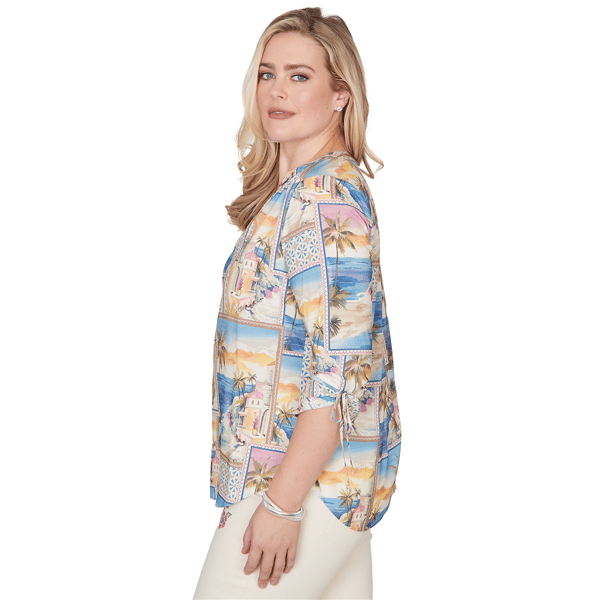Petite Alfred Dunner Beachcomber Postcard Tie Sleeve Blouse