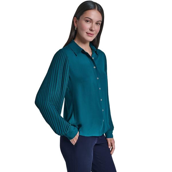 Womens Tommy Hilfiger Long Pleat Sleeve Button Front Solid Blouse