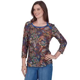 Womens Ruby Rd. Game of Luxe 3/4 Sleeve Floral Tee