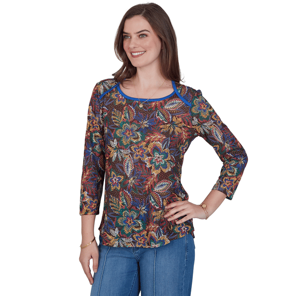 Womens Ruby Rd. Game of Luxe 3/4 Sleeve Floral Tee