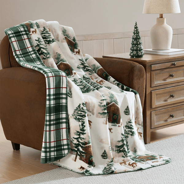 Hallmark Cabin Reversible Plush Holiday Throw Blanket