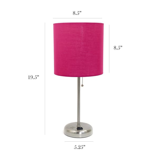 LimeLights Brush Steel Lamp w/Charging Outlet/Pink Shade-Set of 2