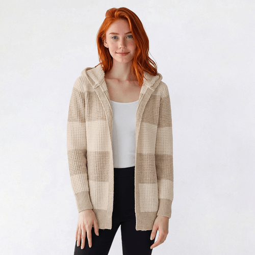 Juniors Pink Rose Cloud Mossy Stripe Sherpa Hood Cardigan