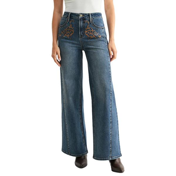Womens CITY BLUES 31/28 Inches Studded And Embroidered Wide Leg