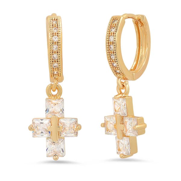 Steeltime Iced Out 18kt. Huggie Cross Charm Brass Earrings - image 