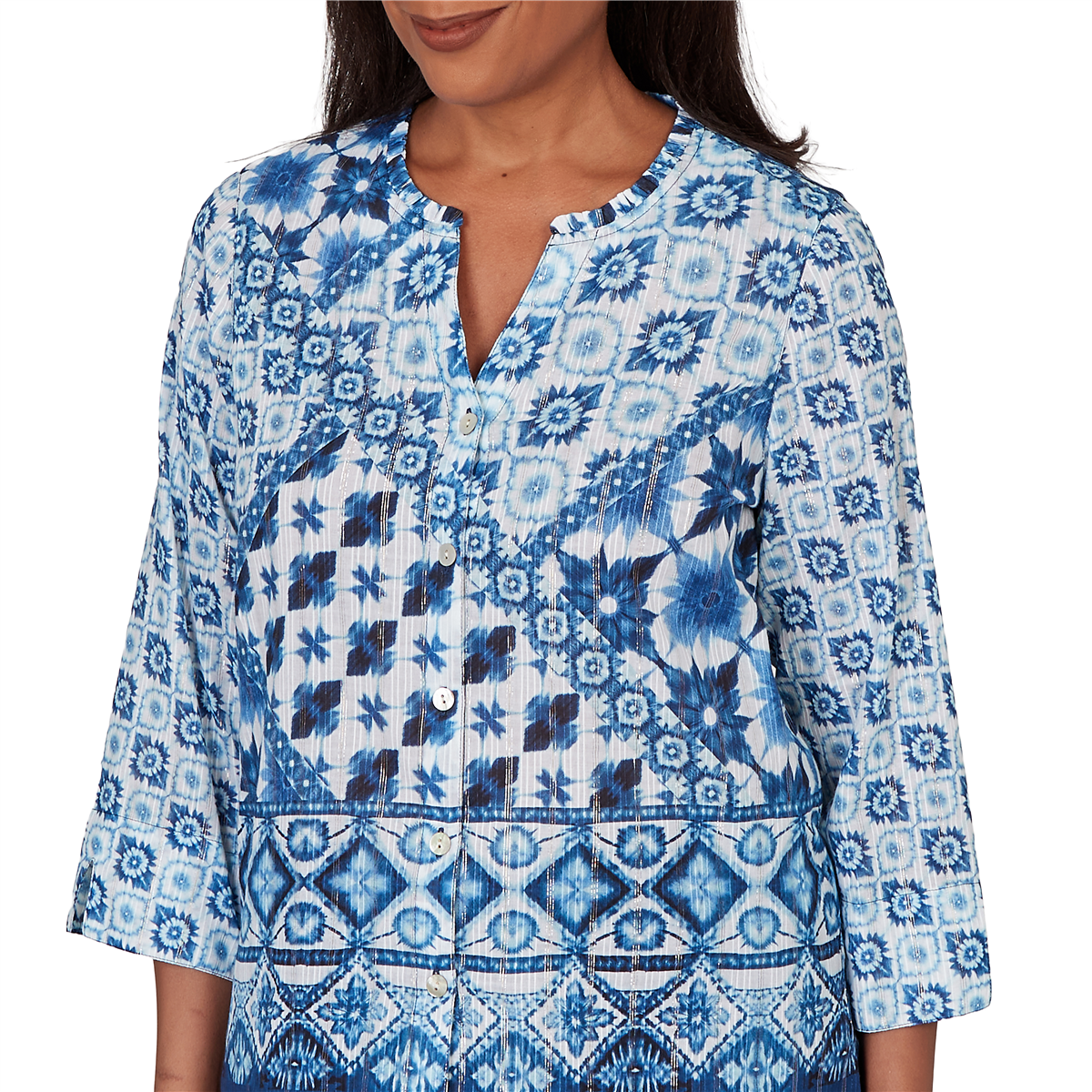 Petite Alfred Dunner Indigo Girls 3/4 Sleeve Patchwork Blouse