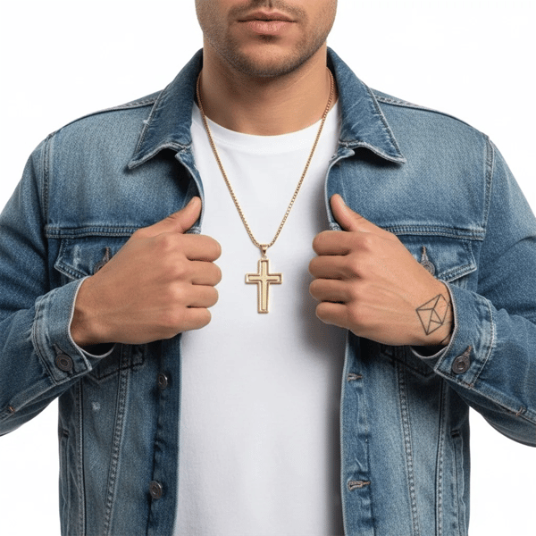 Mens Iron Saints Our Father Prayer Gold Spinner Cross Necklace