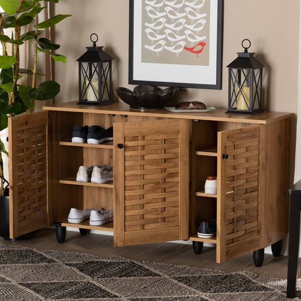 Baxton Studio Winda Oak Brown Wood 3-Door Shoe Cabinet