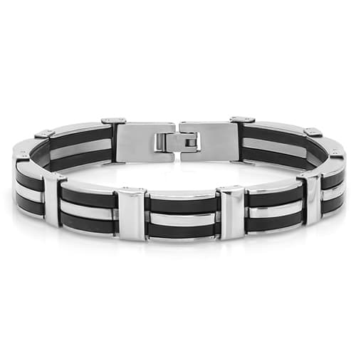 Mens Black Rubber & Stainless Steel Bracelet - image 