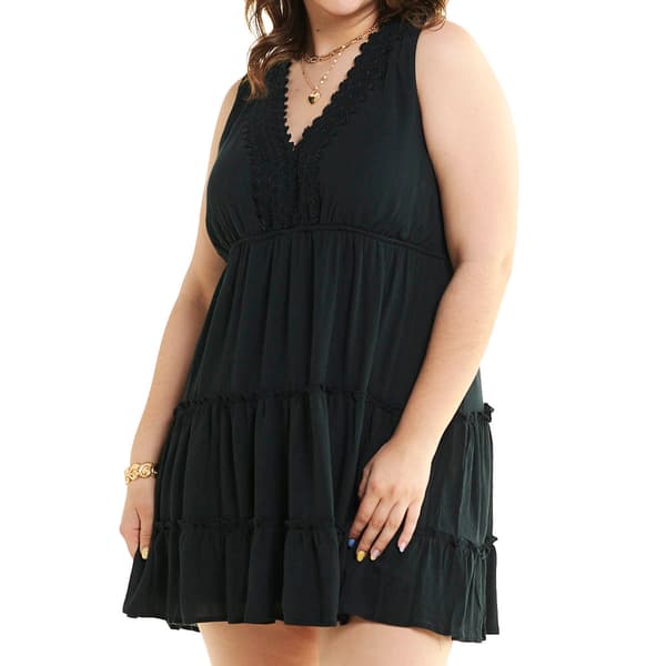 Juniors Plus No Comment Lace Neck Tiered Shift Dress