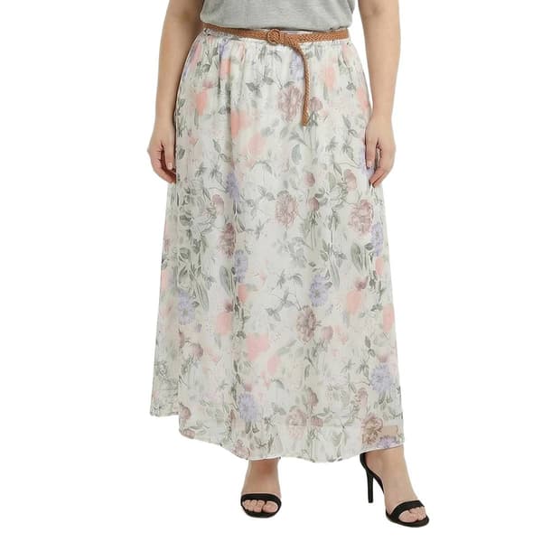 Plus Size NY Collection Chiffon Printed Longer Skirt With Belt