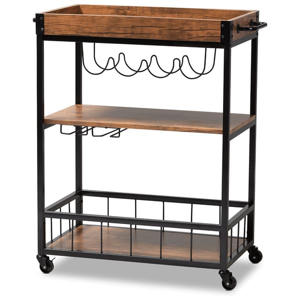 Baxton Studio Cerne Mobile Metal Bar Cart with Wine Bottle Rack