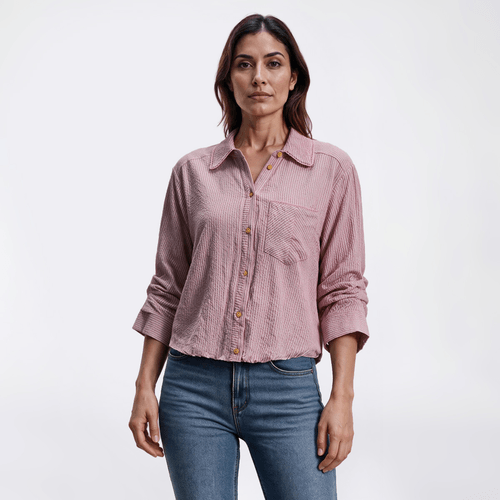 Womens Democracy 3/4 Tucked Sleeve Button Front Blouse