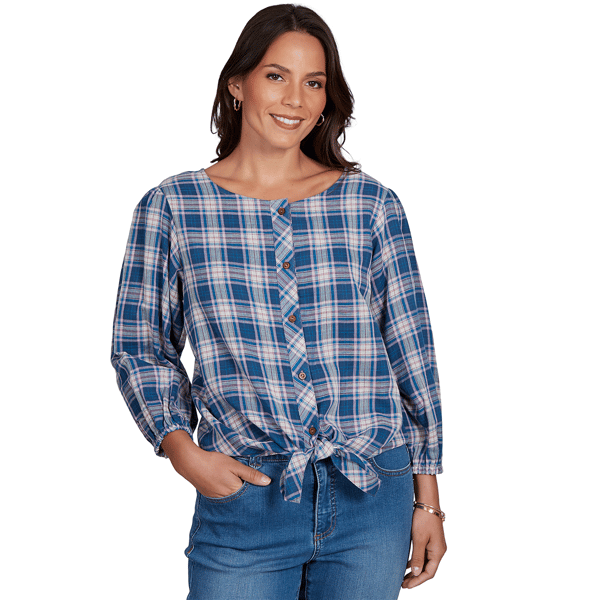 Petite Ruby Rd. Romance On The Ranch Plaid Tied Button Front Top - image 