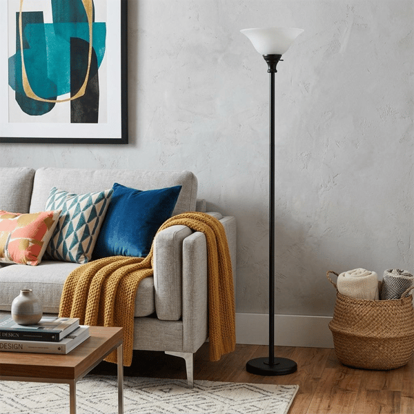HomeRoots 71in. Black Torchiere Glass Dome Shade Floor Lamp