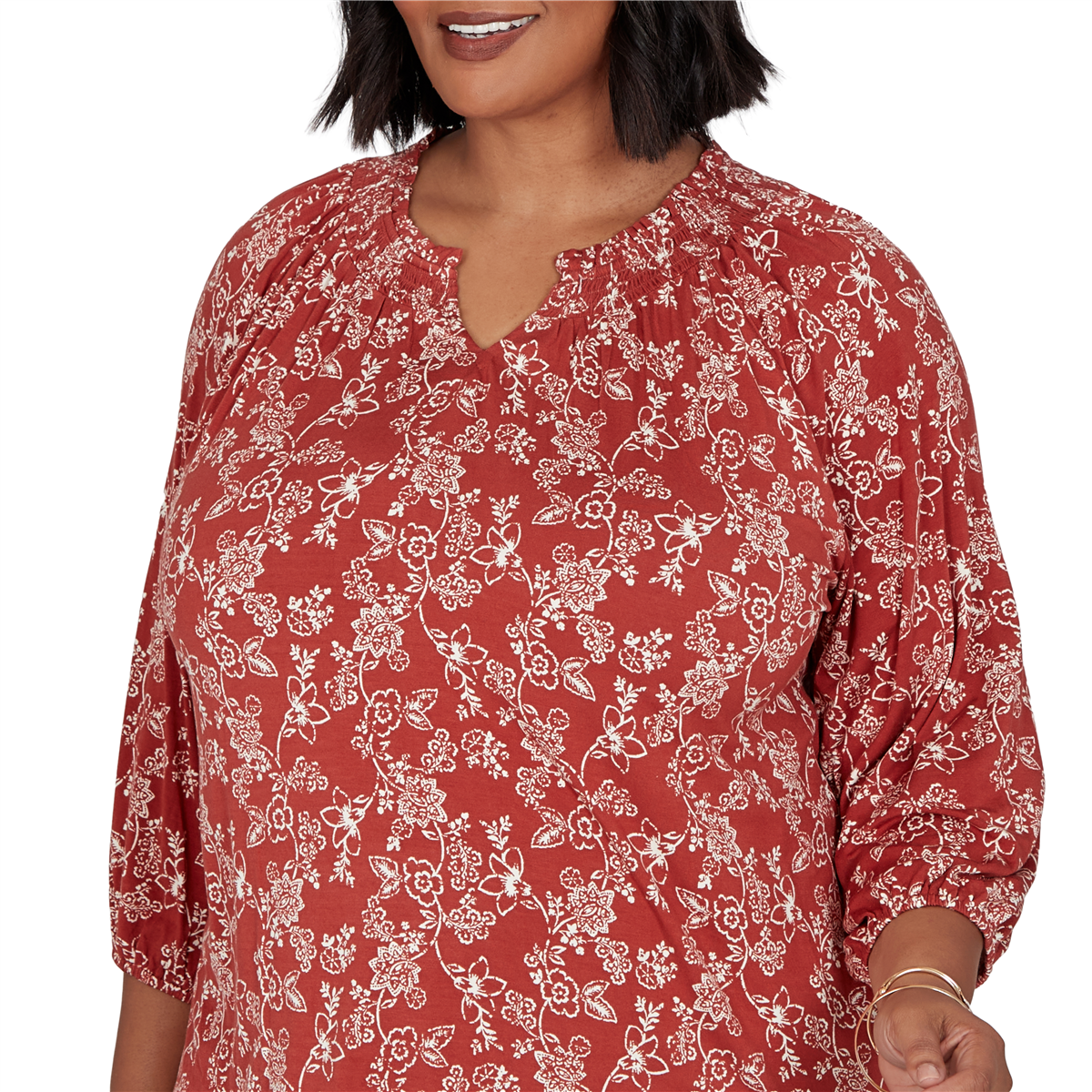 Plus Size Ruby Rd. Romance On The Ranch Ruffle Neck Floral Blouse