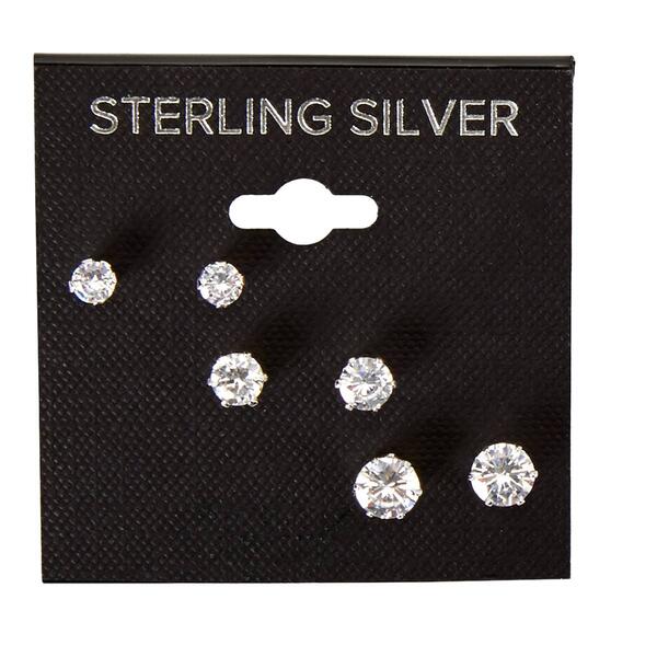 Sterling Silver Round Cubic Zirconia Trio Stud Earrings - image 