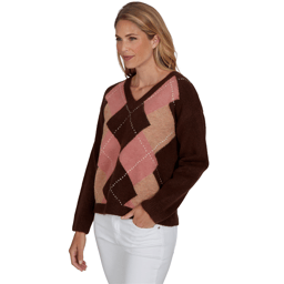 Petite Hearts of Palm Berry Fabulous V Neck Argyle Sweater