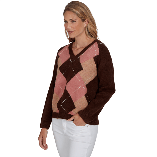 Petite Hearts of Palm Berry Fabulous V Neck Argyle Sweater
