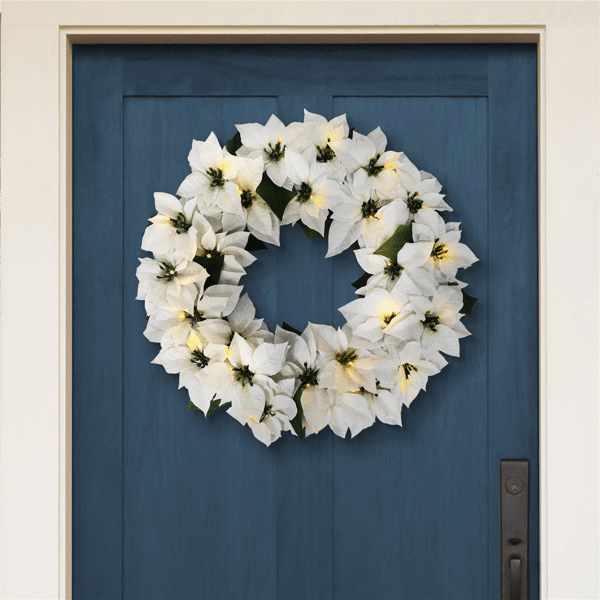 Puleo International 24in. Pre-Lit White Poinsettia Wreath