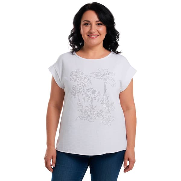 Plus Size Cocomo Short Sleeve Airflow Studded Palm Tree Blouse