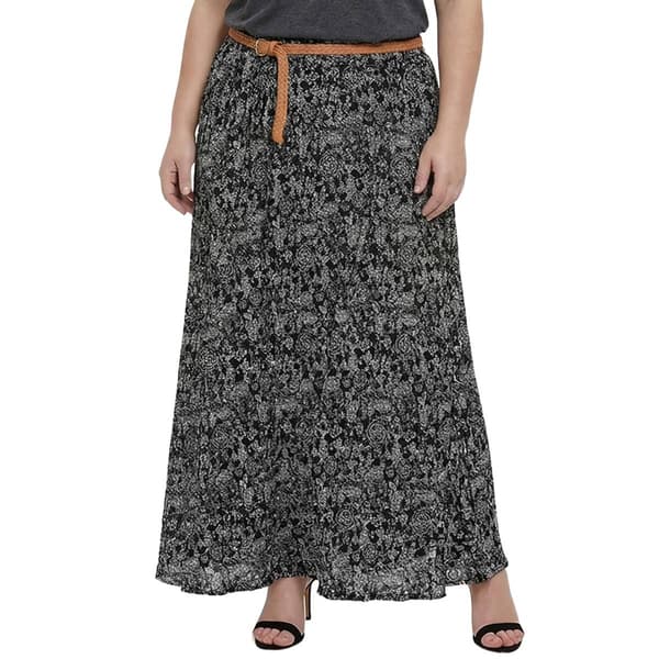 Plus Size NY Collection Chiffon Printed Longer Skirt With Belt - image 