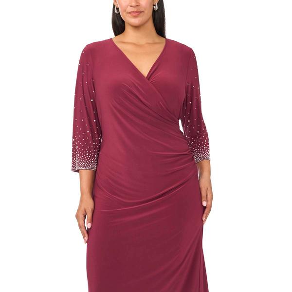 Plus Size MSK 3/4 Embellished Sleeve Surplus Neck Midi Dress