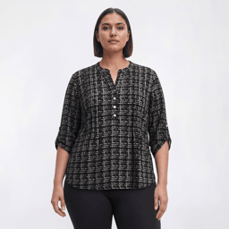 Plus Size Notations 3/4 Sleeve Geometric Pleated Henley Blouse