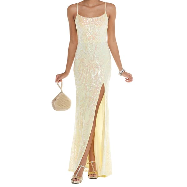 Juniors Crystal Doll Sequin Empire Waist Dress with High Slit