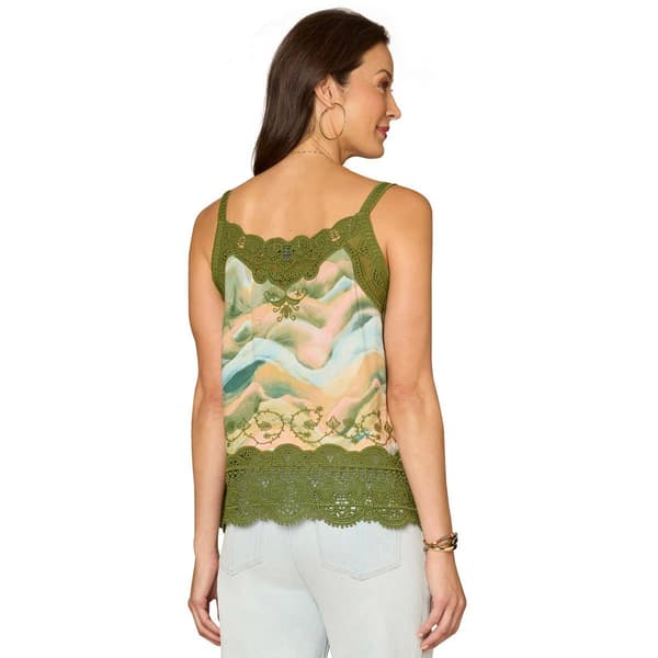 Womens Democracy Scallop Edge Crochet Embroidered Hem Tank Top
