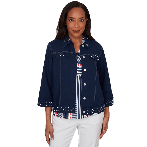 Petite Alfred Dunner Port Side Pearl Trim Denim Jacket - image 