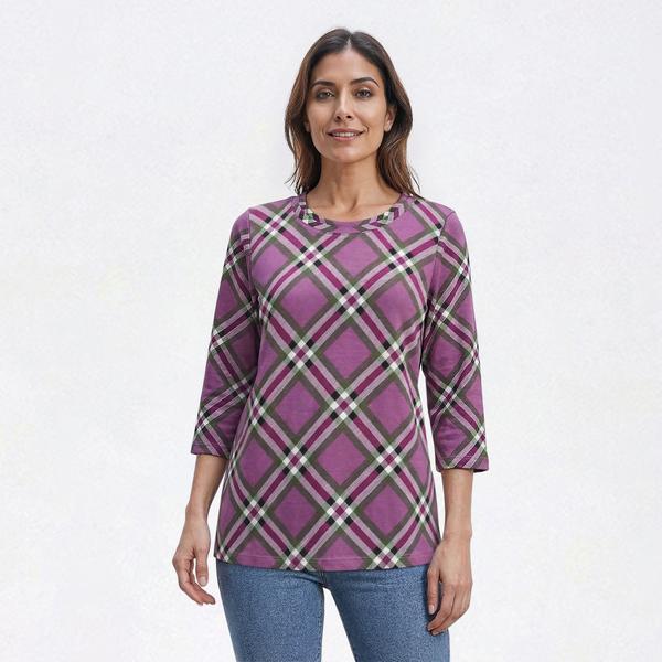 Petite Hasting & Smith 3/4 Sleeve Plaid Round Neck Tee - image 