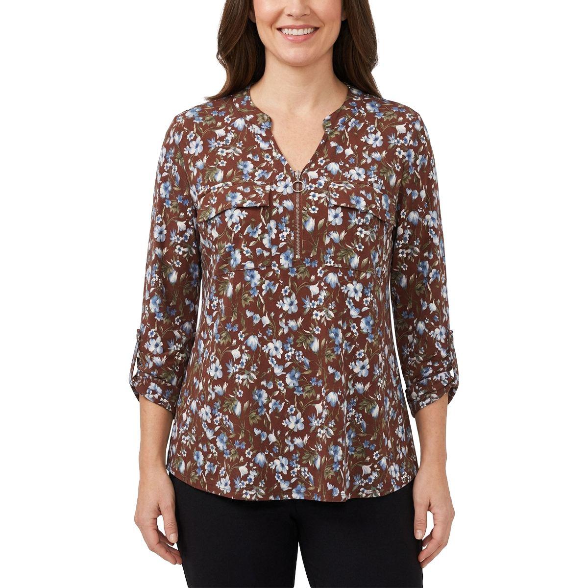 Womens Cure 3/4 Sleeve 2 Pocket 1/2 Zip Print Ity Top - Floral