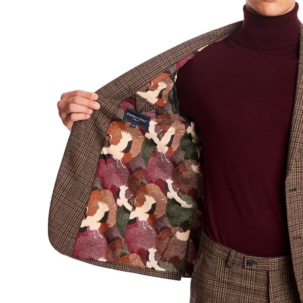 Mens Paisley & Gray Plaid Peak Suit Jacket - Teal/Brown