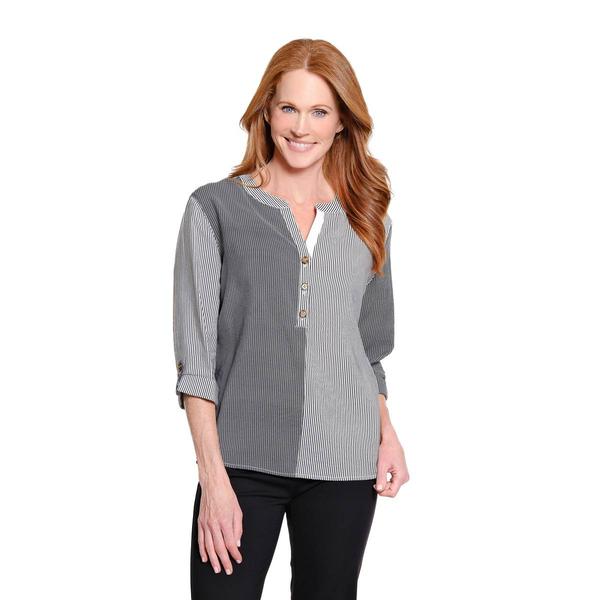 Multiples 3/4 Rolled Tab Sleeve Y Neck Stripe Crinkle Blouse - image 