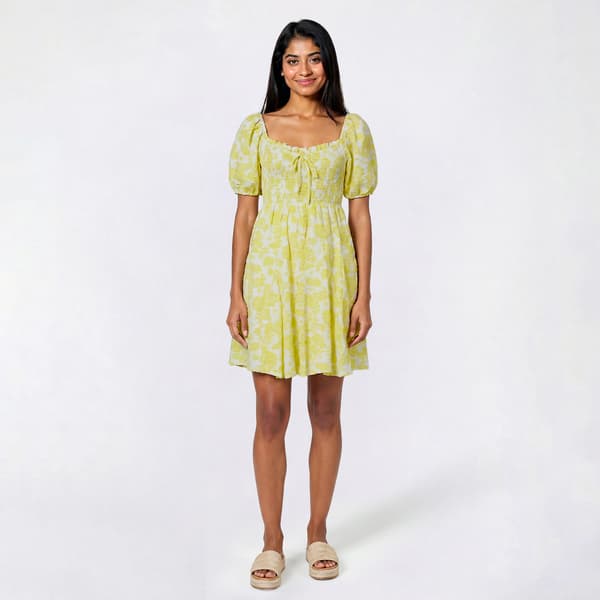 Juniors Crystal Doll Puff Sleeve Smock Bodice A-Line Dress