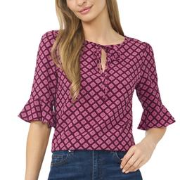 Womens Cece 3/4 Ruffle Sleeve Split Tie Neck Geo Blouse