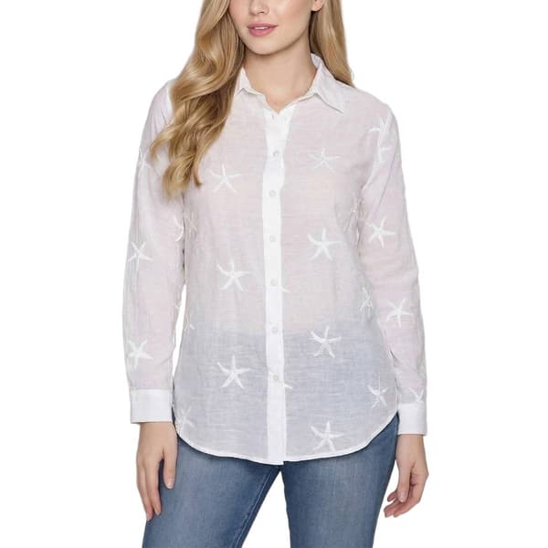 Womens NY Collection Long Sleeve Button Down With All Over Star - image 