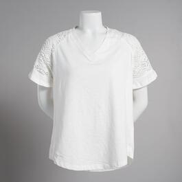 Womens Premise Cut Out Embroidered Short Sleeve V-Neck Tee