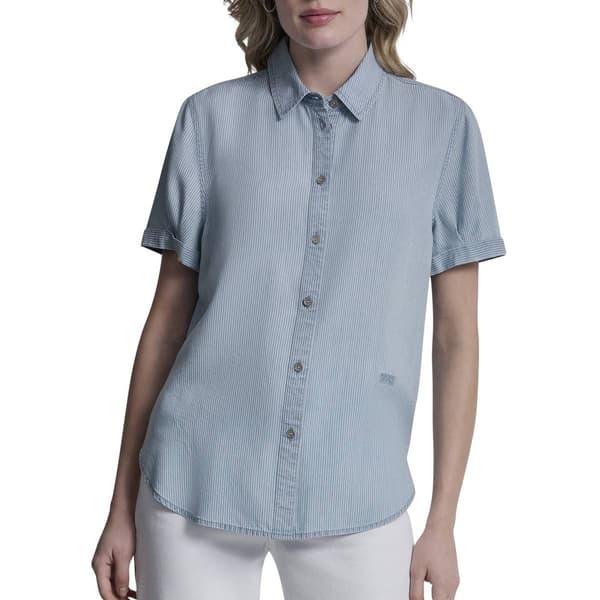 Womens DKNY Jeans Rolled Short Sleeve Boyfriend Shirt Stripe